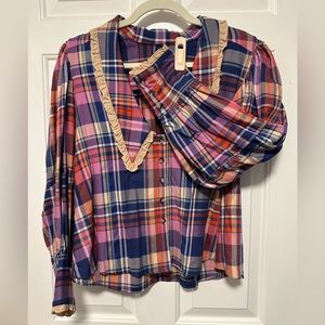 NWT - Free People - Bexley Plaid Balloon Sleeve Top - Size S